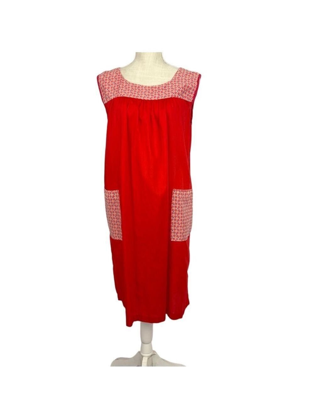 Adorable Vintage House Dress Red Orange Sleeveless Pockets M - L Loose Fit Midi